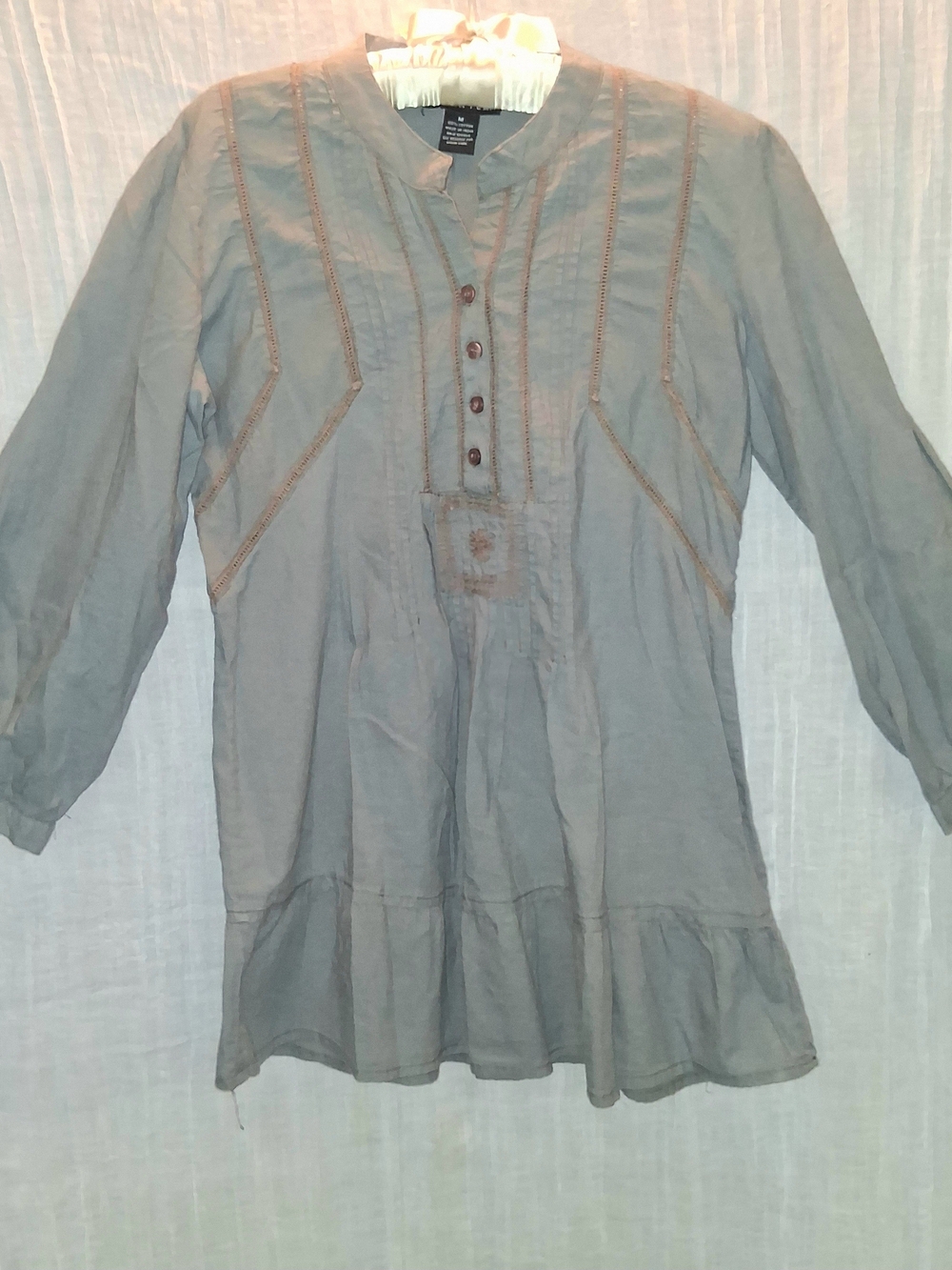 Antilia Femme Gray Button-Pleated Tunic with Contrast Stitching